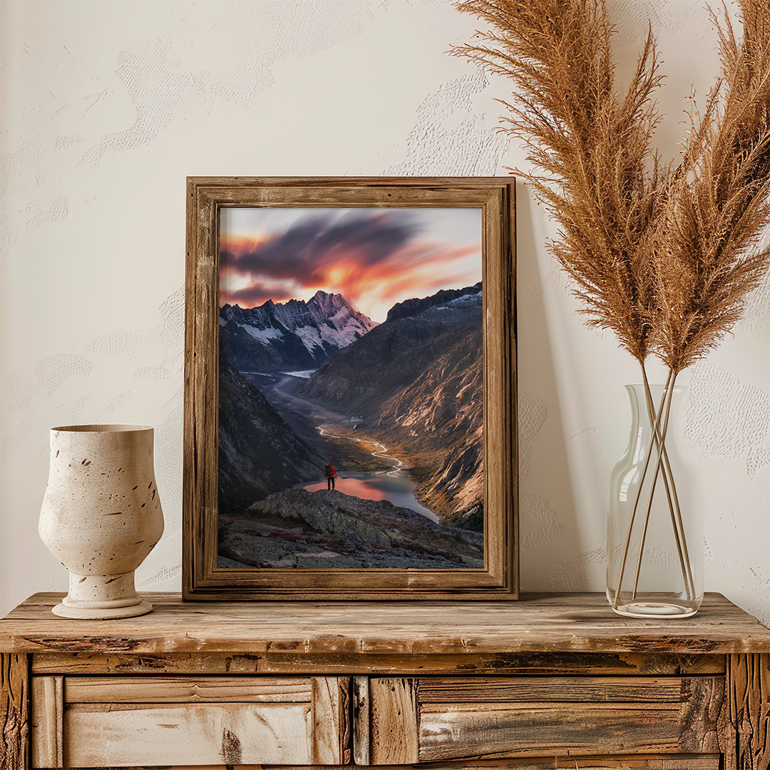One Person Standing In Grimsel Alpine Landscape | Original Print