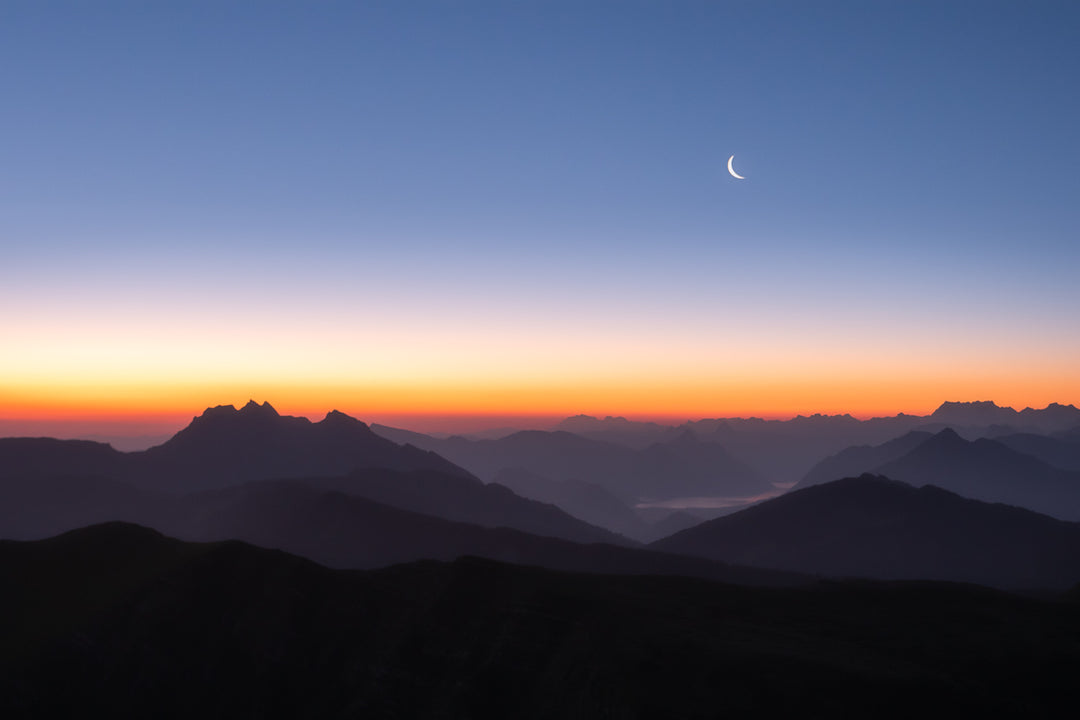 Crescent Moon Over Central Switzerland Mountain Layers | Original Print