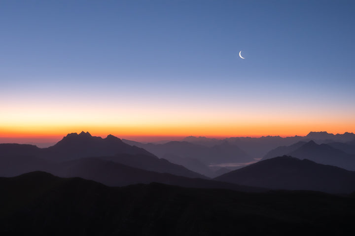 Crescent Moon Over Central Switzerland Mountain Layers | Original Print