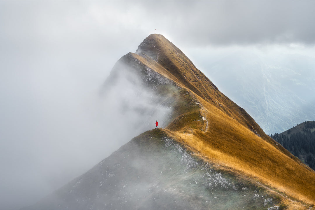 One Person On Mountain Ridge And Fog | Original Print