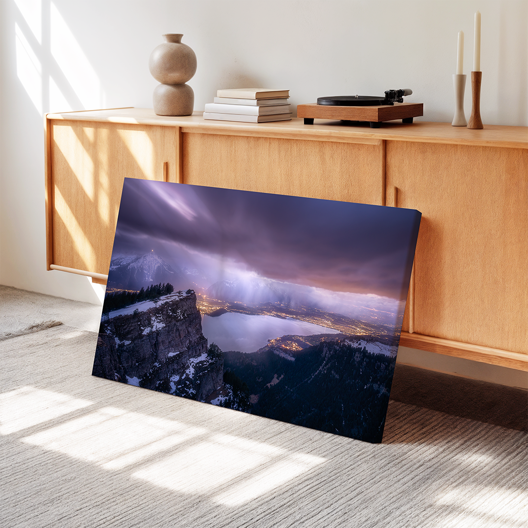 Nachtgewitter über dem Thunersee und Stadtlichtern | Original Print