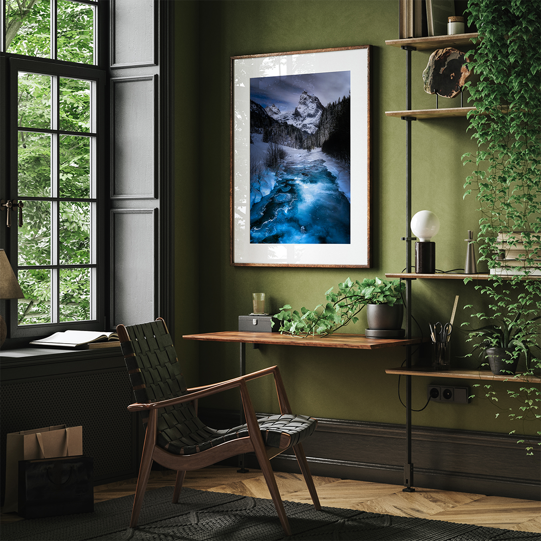 Wellhorn und gefrorener Fluss bei Nacht | Original Print