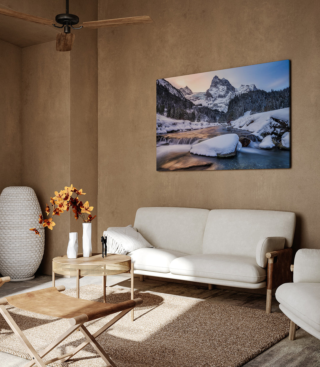 Swiss alps river in winter canvas print